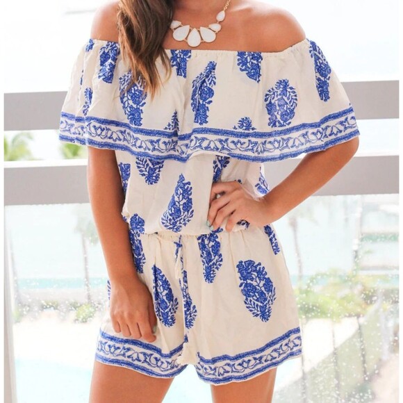 Kori America Pants - Kori America Blue & Ivory Feather Boho Ruffly Off Shoulder Romper Size Large